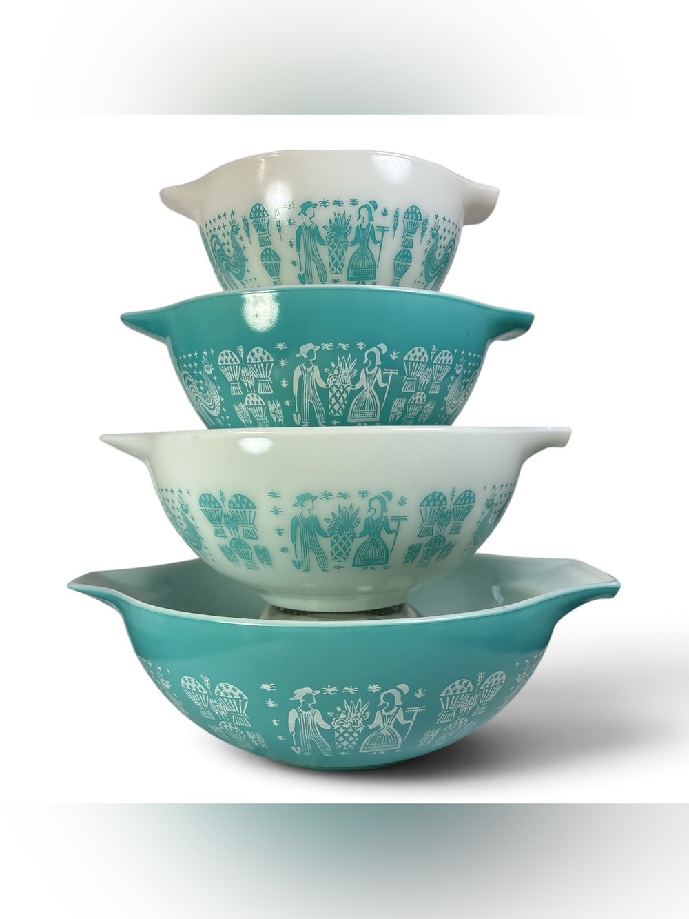 Vtg Pyrex Blue Amish Butterprint Cinderella Nesting Mixing Bowls 441 442 443 444